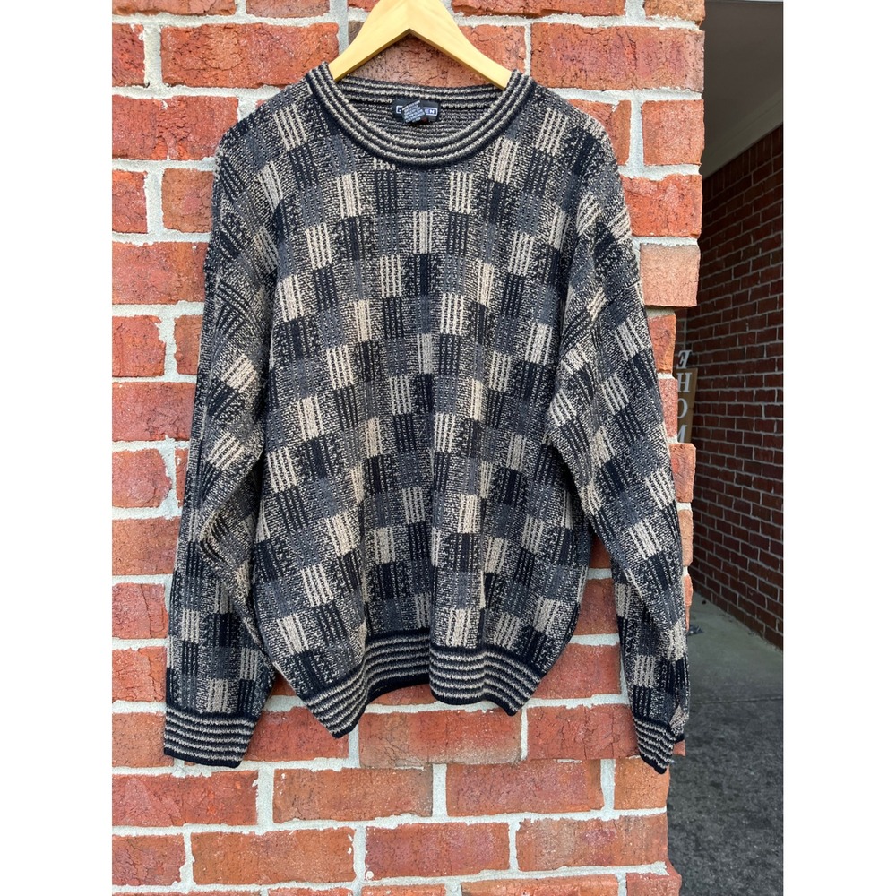 Vintage Jantzen Mens Large Checkered Geometric Knit Crewneck Sweater Black Gray